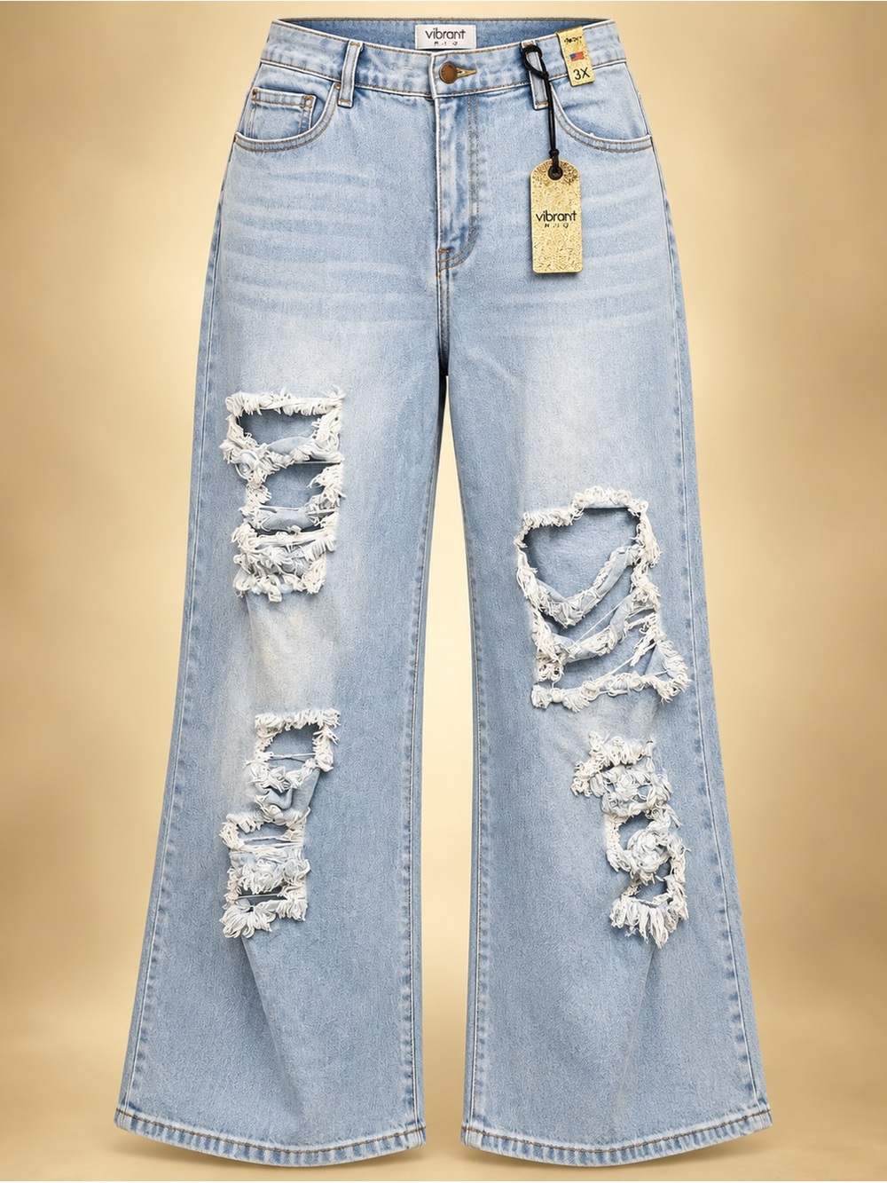 Vibrant M.I.U. 3X Light Wash Distressed Ripped Wide Leg Jeans NWT - Picture 2 of 16